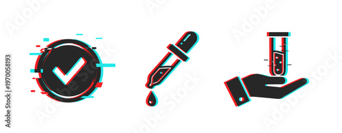 Check mark pipette and test tube hand icons on white. Glitch effect