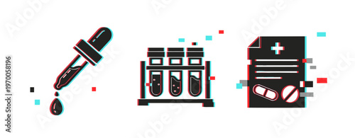 Lab dropper test tubes and prescription icons on white. Glitch effect