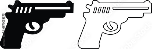 Gun pistol revolver firearm icon set collection group in black flat and line style vector illustration, weapon handgun symbol pack minimal outline design, security defense equipment bundle