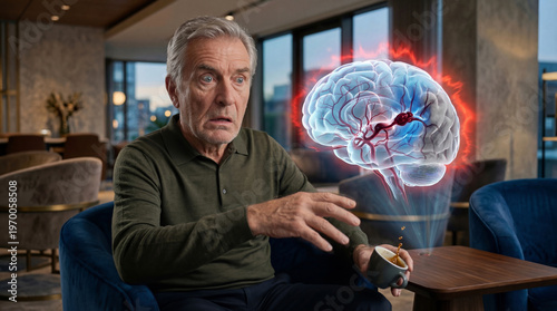 Senior man looking shocked at glowing holographic human brain with stroke. Medical diagnosis of cerebral aneurysm. Neurology research, health awareness and digital healthcare technology.
