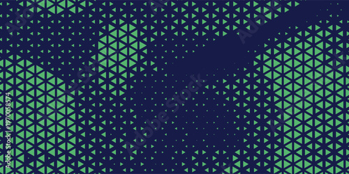 Triangular Blue-Green Halftone Texture. Retrowave Vector Geometric Technology Abstract Background. Half Tone Triangles Retro Colored Pattern. Minimal 80s Style Dynamic Tech Structure Wallpaper. Eps10