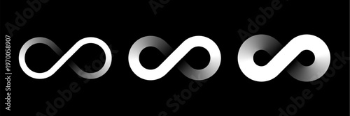Set of white infinity symbols with different stroke weight on black background. Vector illustrations