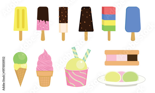 cute and fresh ice cream, ice cream stick, cone, cup. design elements for F&B business. vector illustration