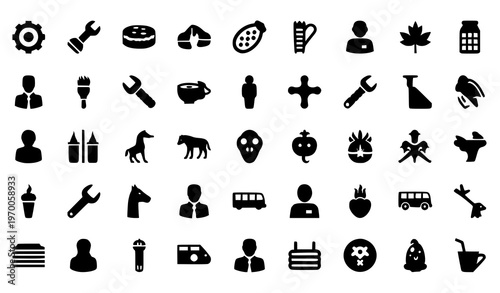 Black Silhouette Icon Set – Mixed Objects Collection Vector on White