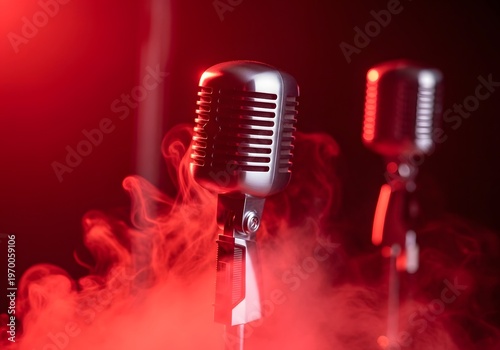 Two vintage microphones standing in a cloud of smoke on a dark background