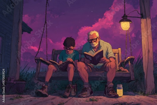 Connectioneering: Teenage Boy & Elderly Neighbor Read Paperback Together on Porch Swing at Dusk