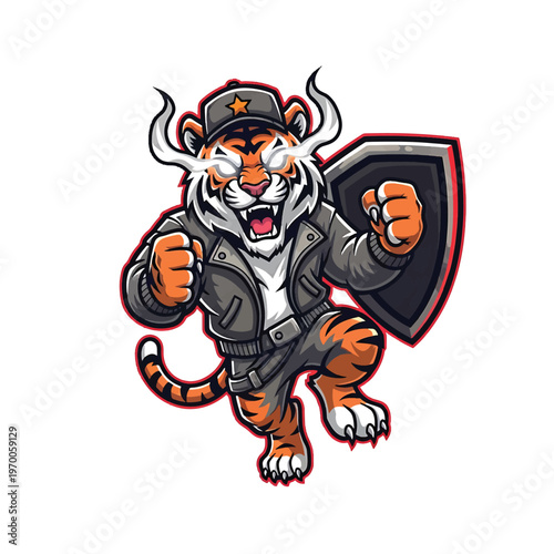 Tiger mascot in biker armor with shield and fist raised