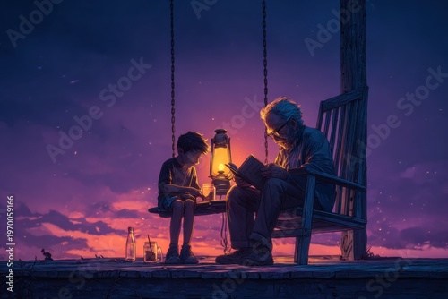 Connectioneering: Teenage Boy & Elderly Neighbor Read Paperback Together on Porch Swing at Dusk