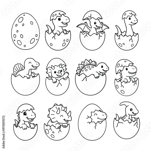 Cute Baby Dinosaur Hatching Eggs Line Art Set, Kids Coloring Page Outline Illustration Collection