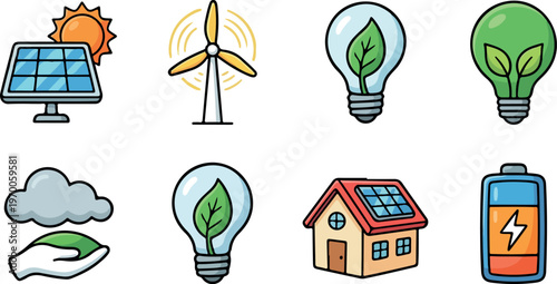 Eco friendly renewable energy and sustainable living concept icons with solar panel wind turbine light bulb and battery