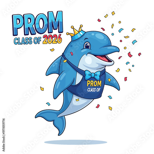 Prom Kid Dolphin Mascot with Crown and Banner for Prom 2026