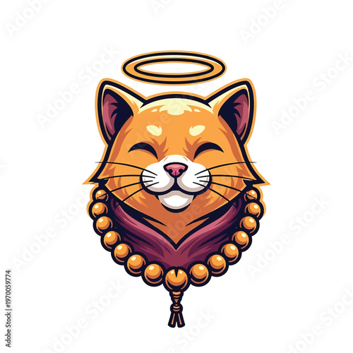 Happy orange cat with halo and rosary beads jewelry