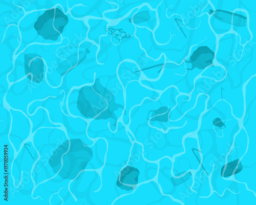 Environment conservation, plastic pollution. Dark underwater silhouettes of plastic bottles, bags, and other garbage floating in the water. Top view.