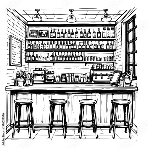 A cozy cafe with tables and a bar, a black and white sketch. Vector illustration. Outdoor cafe bar, coffee machine and chairs, coffee cup and lamps, isolated on a white background