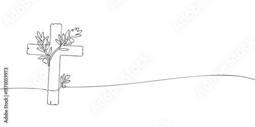 Minimal line illustration of a wooden cross with olive branches, symbolizing Christian faith, peace, hope, salvation, and spiritual devotion