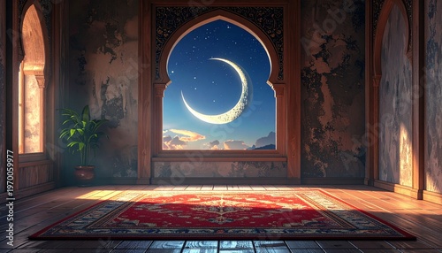 Serene Ramadan Interior with Crescent Moon View and Prayer Rug.