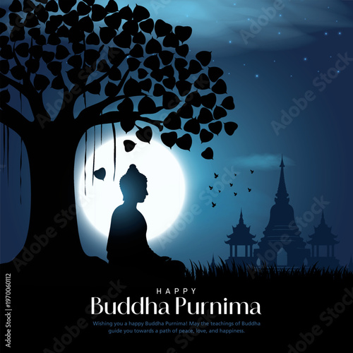 Happy Vesak Day, Buddha Purnima wishes greetings with silhouette of buddha. Creative vector illustration design.