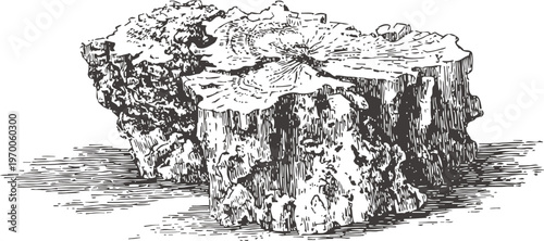 Vintage wood stump engraving illustration old tree trunk piece with rough texture and tree rings visible on top surface