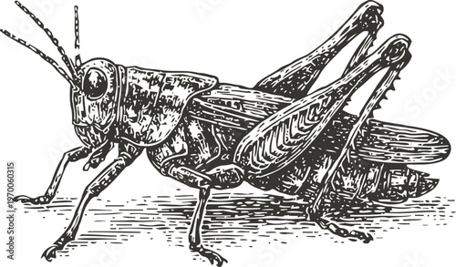Detailed vintage engraving of a grasshopper insect showing body segments, legs, antennae and wings