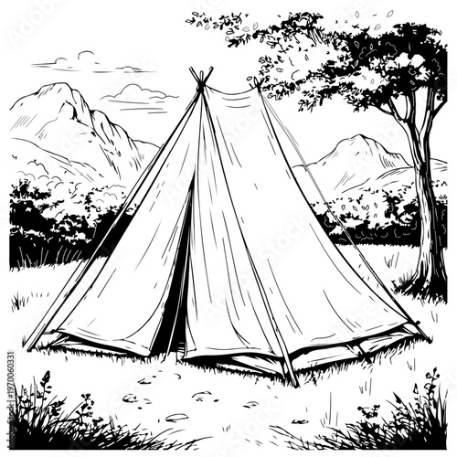 Tarpaulin tent in the forest in a clearing, black and white sketch. Vector illustration. Hiking in the mountains, travel,