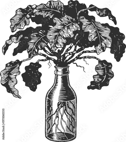 Monstera plant cutting with roots growing inside glass bottle, botanical illustration