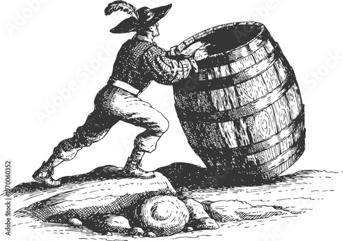 Vintage illustration of a man wearing a feathered hat pushing a large wooden barrel