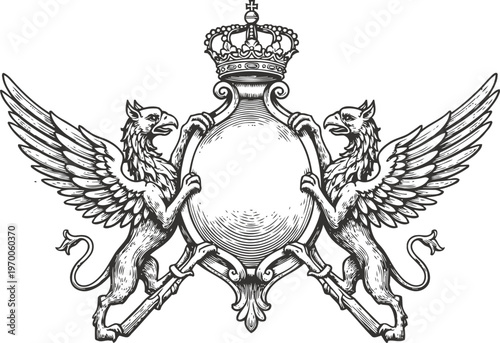 Vintage heraldic emblem with crowned shield held by two winged griffins, black and white design