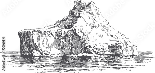 Detailed hand drawn iceberg floating on calm ocean water, monochrome natural landscape sketch