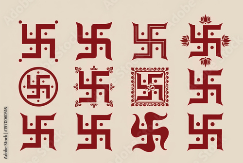 Hindu swastika symbols grid set with geometric rounded floral variations, Indian auspicious sacred signs collection, minimal red vector illustration for Diwali rangoli spiritual design elements
