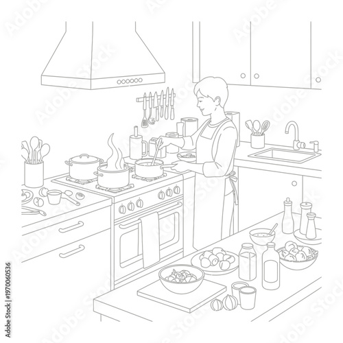 Person cooking in a kitchen with line art