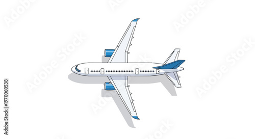 Top view of a commercial passenger airplane isolated on white background