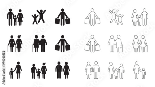 Set of Family and Lifestyle Pictogram Icons in Solid and Line Art Style