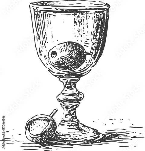 Vintage wine glass illustration with olives, hand drawn detailed engraving design