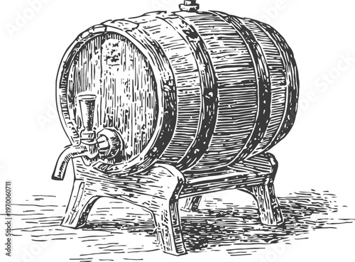 Vintage wooden barrel with tap on stand hand drawn rustic wine or beer keg illustration