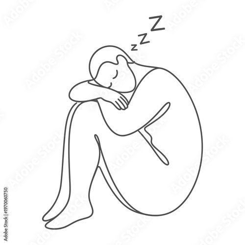 Person sleeping curled up, line art, curled