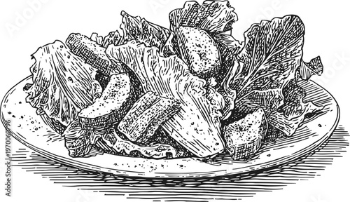 Hand drawn fresh lettuce salad with croutons on a plate, vintage healthy food illustration