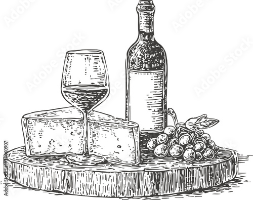 Wine bottle, glass, cheese wedges, and grapes on a wooden serving board vintage sketch
