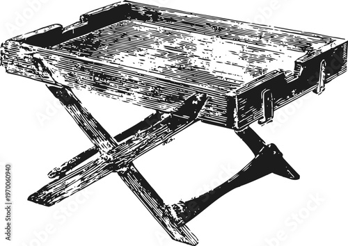 Vintage wooden folding tray table with crossed legs, rustic decor and portable serving furniture