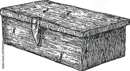Vintage wooden chest box with metal latch detailed hand drawn sketch illustration
