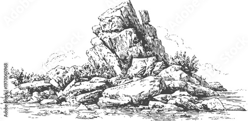 rugged rock formation with scattered stones and sparse vegetation detailed black ink drawing