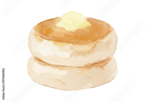 Watercolor-style thick fluffy Japanese-style pancake illustration, stack with berry maple syrup ／ 水彩ふかふかパンケーキ