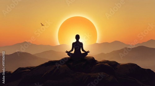 International yoga day sunrise meditation silhouette on mountain peak showing peace balance mindfulness wellness healthy lifestyle nature spiritual harmony concept background