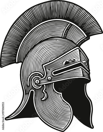 Ancient roman legionary helmet with plume detailed line art illustration