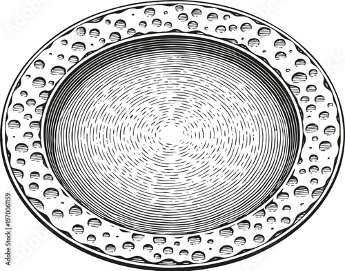 Vintage round plate with decorative dotted rim in black and white engraving