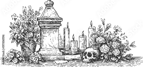 Vintage black and white halloween illustration with skull, candles, flowers, and urn