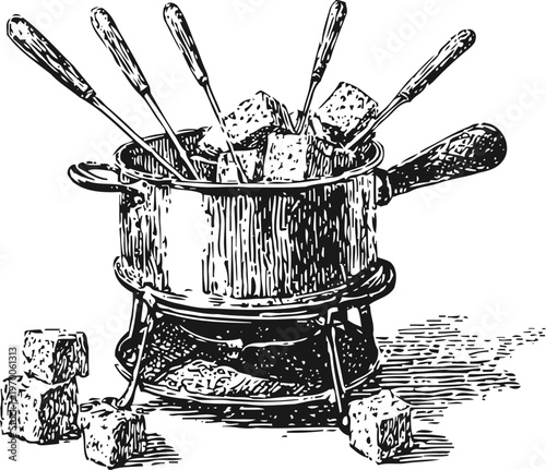 Vintage fondue pot with forks and cheese cubes classic swiss melted cheese dining and cooking illustration