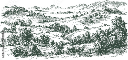 Vintage countryside landscape with rolling hills, trees, and rural fields sketch