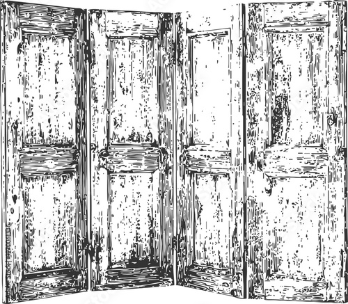 vintage wooden folding screen with distressed textured panels, antique room divider design