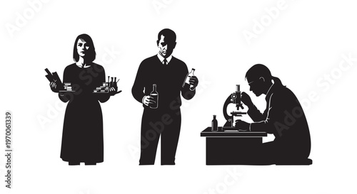 Three people engaged in scientific experiments in a laboratory setting isolated on transparent background