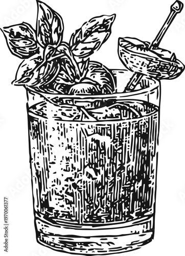 Classic cocktail in a glass with ice, olives, and fresh herbs garnish illustration